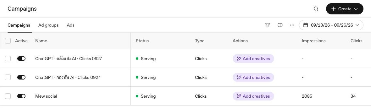 ตาราง Campaigns 3 แถว ChatGPT คลังแสง AI Clicks 0927 และ ChatGPT กองทัพ AI Clicks 0927 สถานะ Serving ชนิด Clicks และแคมเปญ Mew social ของทีม