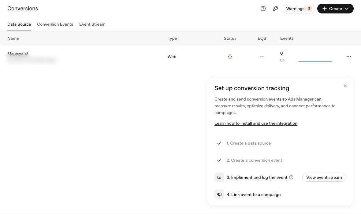 แท็บ Data Source: pixel ชื่อ Mewsocial ชนิด Web และกล่อง Set up conversion tracking 4 ขั้น สร้าง data source สร้าง conversion event ติดตั้งและส่ง event ผูก event กับแคมเปญ
