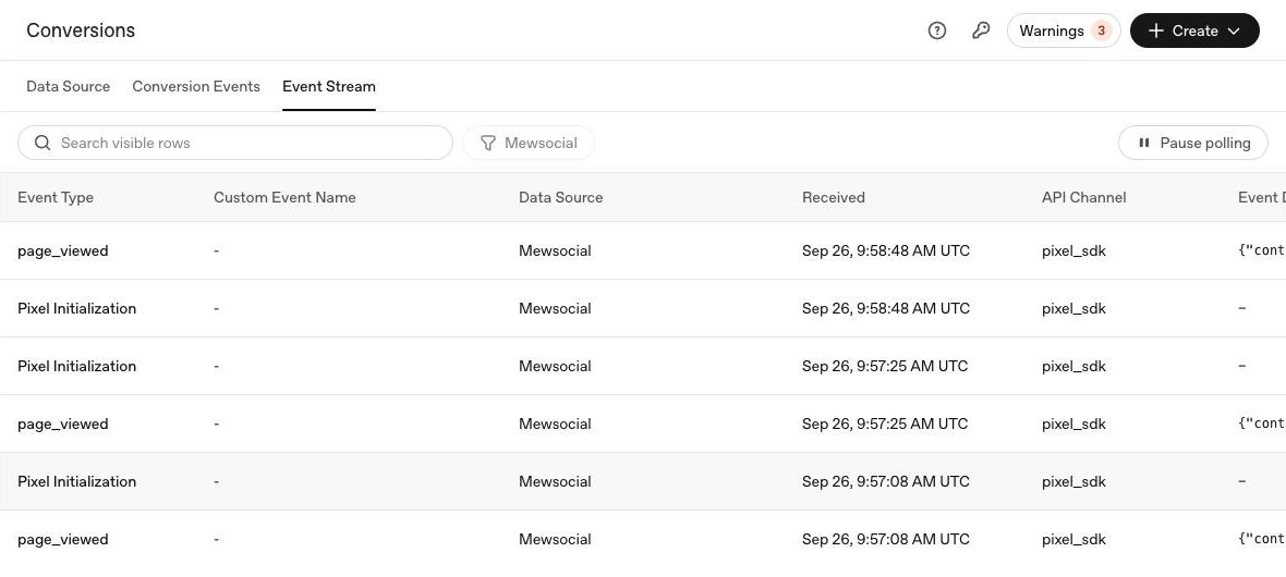 แท็บ Event Stream: รายการ page_viewed และ Pixel Initialization จาก data source Mewsocial ช่องทาง pixel_sdk พร้อมเวลาที่ได้รับ