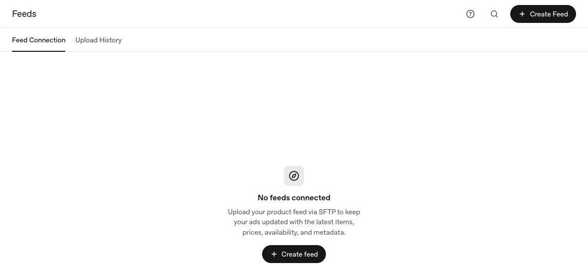 หน้า Feeds ว่างเปล่า ข้อความ No feeds connected อัปโหลด product feed ผ่าน SFTP และปุ่ม Create feed