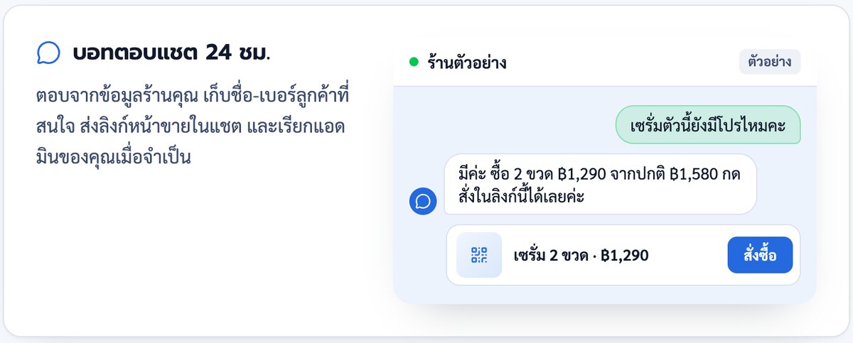 แชต LINE ร้านตัวอย่าง ลูกค้าถามว่าเซรั่มตัวนี้ยังมีโปรไหม บอทตอบโปรจากข้อมูลร้าน แล้วแนบการ์ดสั่งซื้อ