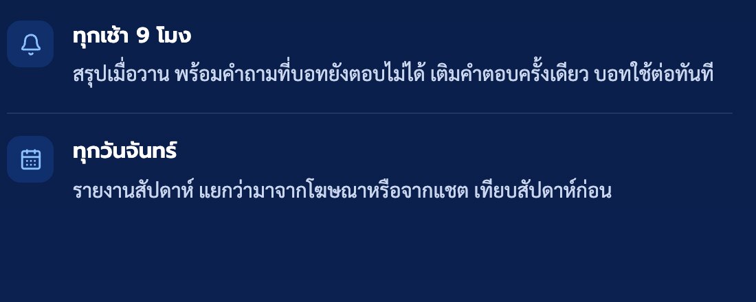 ตารางรายงาน ทุกเช้า 9 โมง สรุปเมื่อวานพร้อมคำถามที่บอทยังตอบไม่ได้ ทุกวันจันทร์ รายงานสัปดาห์แยกว่ามาจากโฆษณาหรือจากแชต