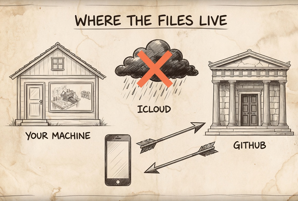 บ้านคือเครื่องเรา ก้อนเมฆ iCloud มีกากบาท ตู้เก็บสำเนา GITHUB มือถือชี้เข้าไป
