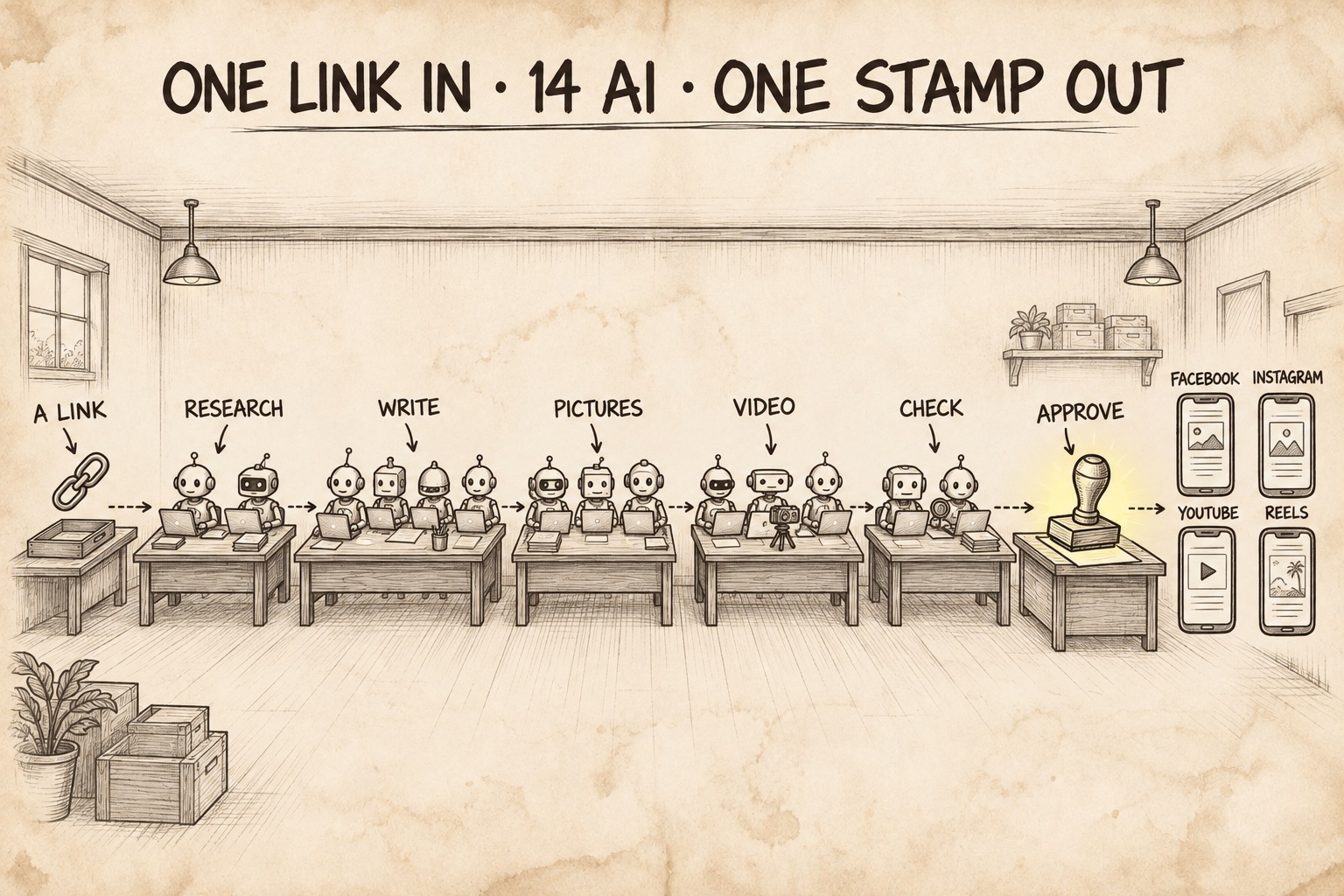 ลิงก์ 1 อันเข้าห้อง AI 14 ตัวนั่ง 5 โต๊ะ ค้นข้อมูล เขียน ทำภาพ ทำวิดีโอ ตรวจ แล้วผ่านโต๊ะอนุมัติ ออกไป Facebook Instagram YouTube และรีล