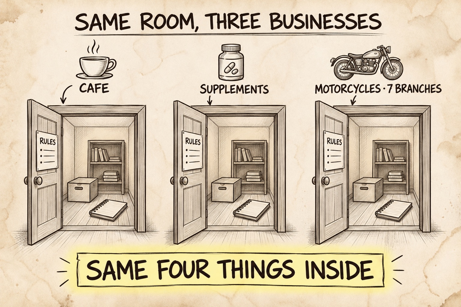 ประตู 3 บาน ร้านกาแฟ อาหารเสริม ร้านมอเตอร์ไซค์ 7 สาขา ข้างในเป็นห้องแบบเดียวกัน