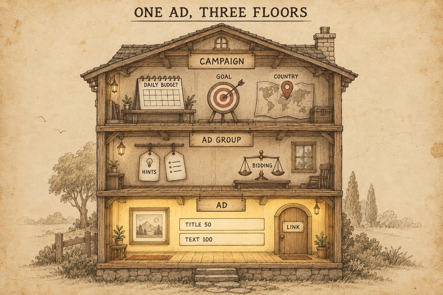 บ้าน 3 ชั้นผ่าให้เห็นข้างใน ชั้นบน Campaign มีปฏิทิน เป้า และหมุดประเทศ ชั้นกลาง Ad Group มีป้าย Hints และตาชั่ง Bidding ชั้นล่าง Ad ส่องแสง มีรูปจัตุรัส บรรทัด Title 50 Text 100 และประตู Link