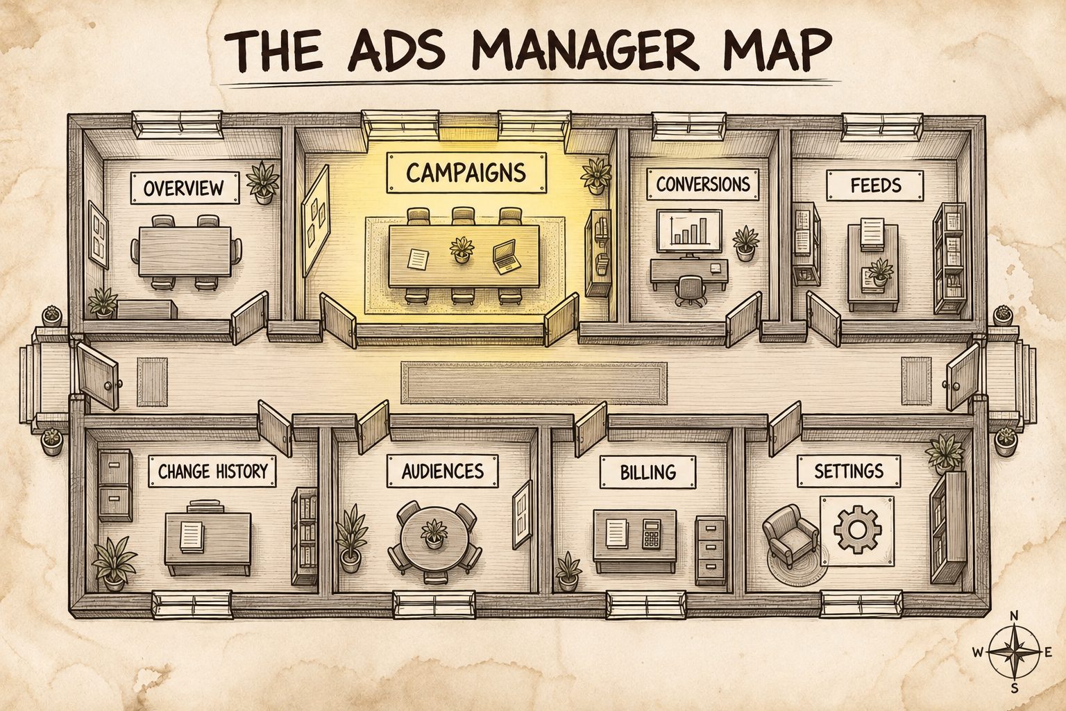 ผังอาคารมองจากด้านบน 8 ห้อง ป้าย Overview Campaigns Conversions Feeds Change History Audiences Billing Settings ห้อง Campaigns ใหญ่สุดและส่องแสง