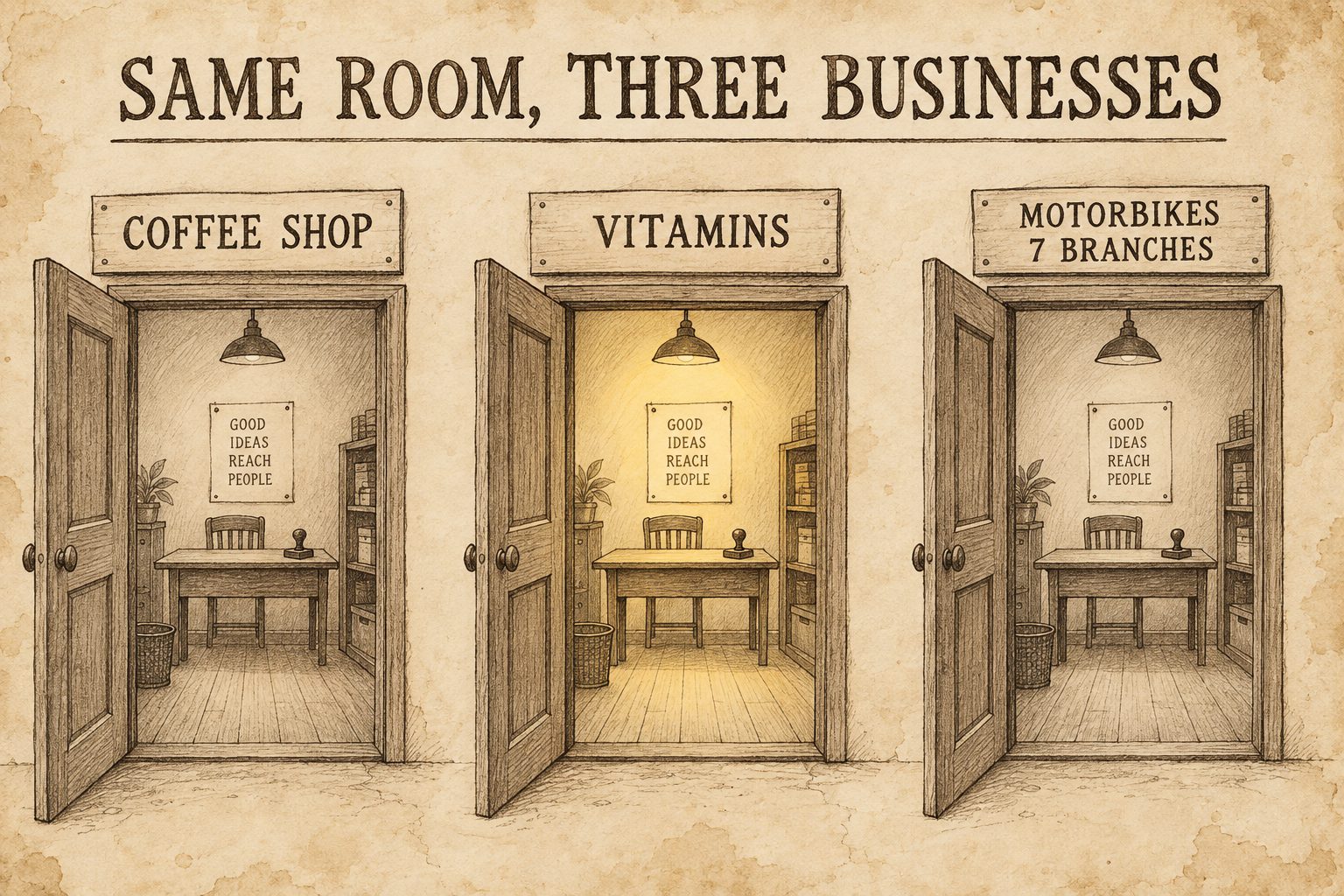 ประตูร้าน 3 บานเรียงกัน ป้าย Coffee Shop Vitamins Motorbikes 7 Branches มองผ่านประตูเห็นห้องแอดแบบเดียวกัน โต๊ะ ตรายาง และการ์ดแอดปักไว้ บานกลางส่องแสง