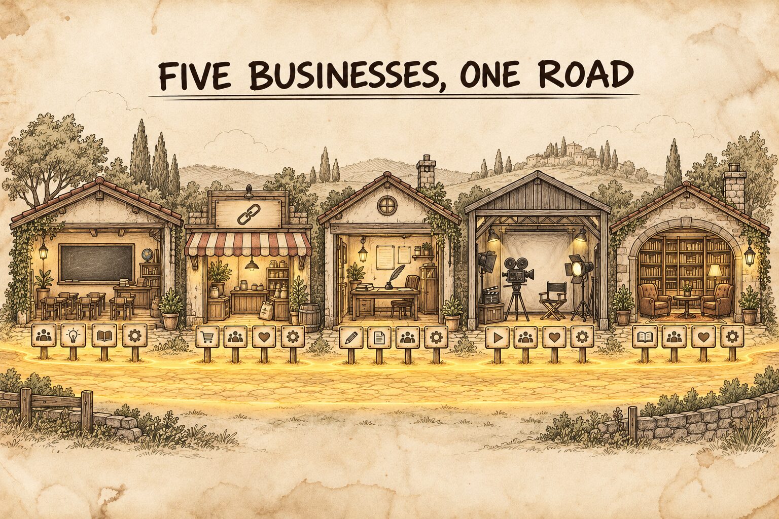 ร้าน 5 หลังหน้าตาต่างกันเรียงบนถนนสายเดียว ห้องเรียน ร้านลิงก์ โต๊ะเขียน สตูดิโอถ่ายคลิป ห้องสมุดคลับ หน้าทุกร้านมีป้าย 4 ป้ายชุดเดียวกัน