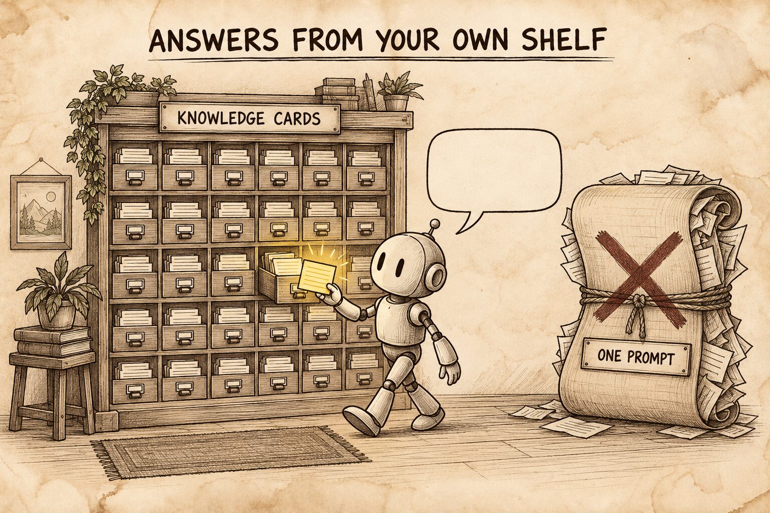 ตู้บัตรรายการเต็มชั้น KNOWLEDGE CARDS หุ่นยนต์หยิบการ์ดใบเดียวที่เรืองแสงไปตอบ ข้าง ๆ มีม้วนกระดาษยักษ์ ONE PROMPT ถูกกากบาท
